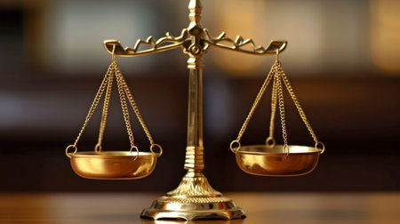 Generative AI with Shiny Golden Balanced Scale and Wooden Gavel in Lawの素材
