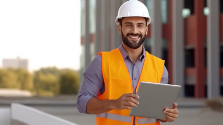 Generative AI is demonstrated by a cheerful guy architect holding a tablet outside.の素材