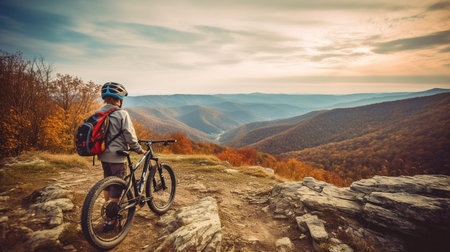 A little child stands next to his mountain bike on a mountain ledge and admires the lovely surroundings. Generative AIの素材
