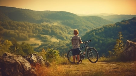 A little child stands next to his mountain bike on a mountain ledge and admires the lovely surroundings. Generative AIの素材
