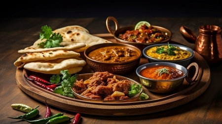 Generative AI, a variety of spicy foods, and traditional Indian cuisine served on a wooden tableの素材
