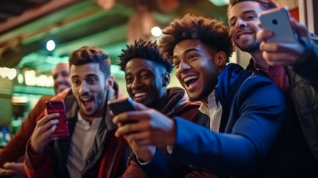 Young, fashionable, multiethnic men cheering on their preferred team while watching a sporting event on their smartphones. Goal Celebration, Betting or Lottery Win, and Generative AIの素材