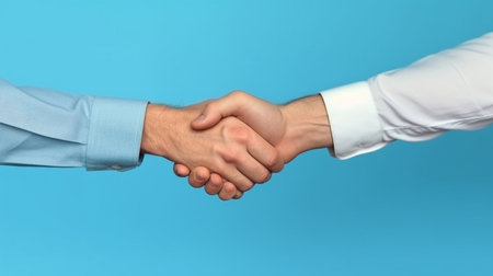 On a blue background, a businessman shakes hands with his digital companions. Generative AIの素材