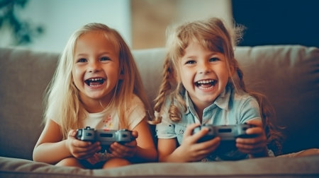 Laughing and playing games on a console while seated on a sofa at home, a pretty little girl and boy are using Generative AI.の素材