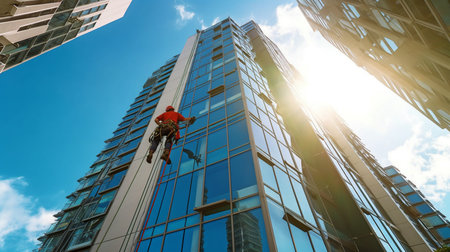 Professional industrial mountaineer cleaning the outer glazing of a residential building while looking up at the blue sky. Rope access worker hangs on skyscraper wall thanks to Generative AIの素材