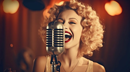 Generative AI and a Singing Woman with a Retro Microphoneの素材