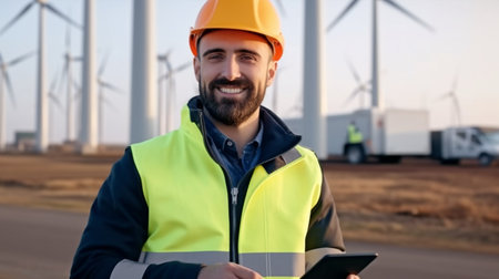 In the wind park, a young worker sports a thick beard. holding a tablet and a smartphone. Background with Wind Mill and Generative AIの素材