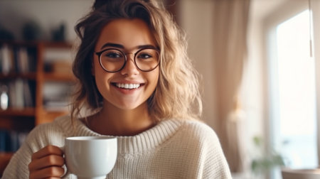 A picture of a happy young woman drinking coffee at home. attractive girl enjoying hot tea while grinning in the winter. AI generationの素材