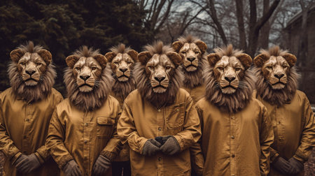 A pack of lions in human attire, created using generative AIの素材