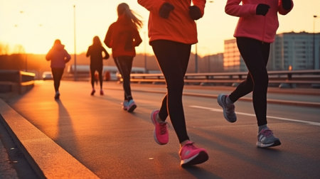 Children running, kids running in a race, running on a city street with details of the legs, generative artificial intelligenceの素材
