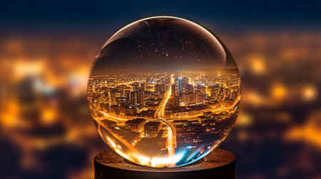 Seeing the city through a glass ball at night. The Generative AIの素材