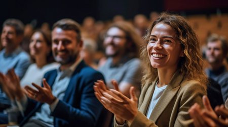 At a business conference, the audience cheers with smiles. Generative AIの素材