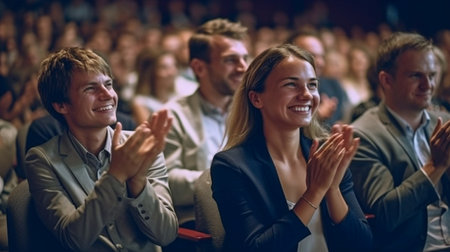 At a business conference, the audience cheers with smiles. Generative AIの素材