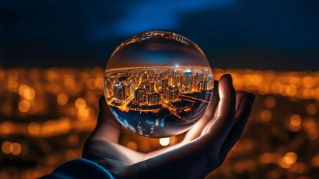 Seeing the city through a glass ball at night. The Generative AIの素材