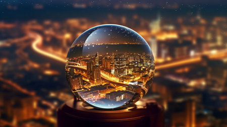 Seeing the city through a glass ball at night. The Generative AIの素材