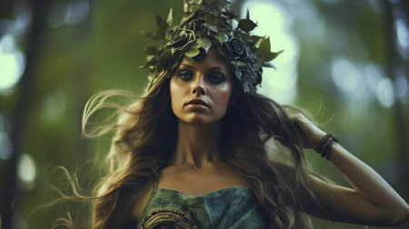 lovely dryad goddess in the woods. Goddess of the Dryad fusing with an enchanted woodland. The Generative AIの素材
