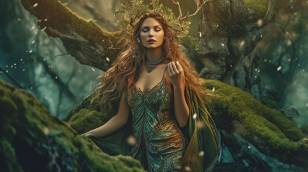 lovely dryad goddess in the woods. Goddess of the Dryad fusing with an enchanted woodland. The Generative AIの素材
