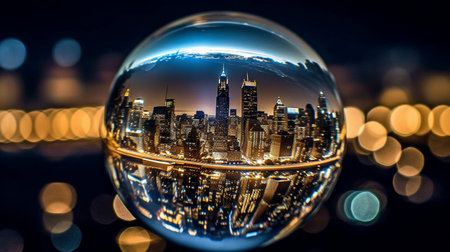 Seeing the city through a glass ball at night. The Generative AIの素材