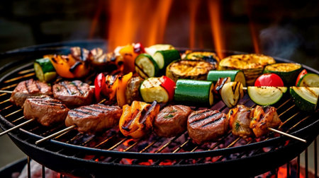 Generative AI: Various succulent grilled meat and veggies on a BBQ grill with smoke and flames on green grass.の素材