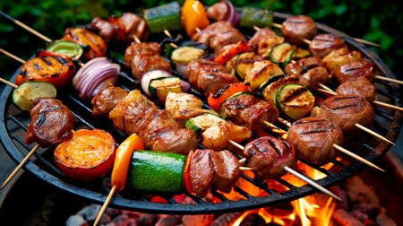 Generative AI: Various succulent grilled meat and veggies on a BBQ grill with smoke and flames on green grass.の素材