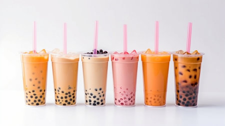 Glasses of Ice Bubble or Boba Milk Tea with Straws on White Background, Taiwanese tradition, Generative AIの素材