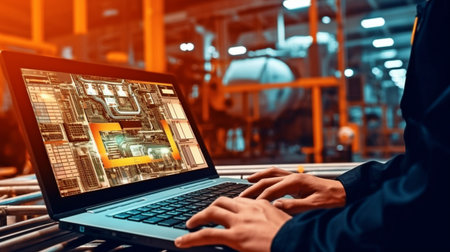 using a laptop, engineering Large Machine Management using Generative AI and Programmable Logic Controllerの素材