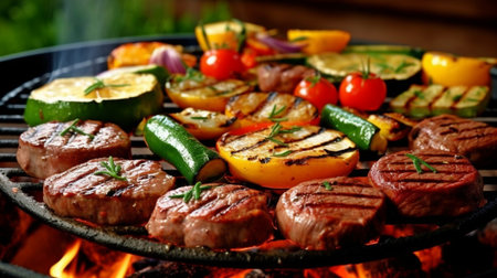 Generative AI: Various succulent grilled meat and veggies on a BBQ grill with smoke and flames on green grass.の素材