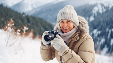 Generative AI is used by an elderly woman to take pictures of snow-capped mountains.の素材