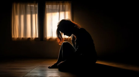 Loneliness in the Background Asian woman cuddling herself as she sits on the ground. Generative AI is used by a depressed woman who is isolated in a dark room.の素材