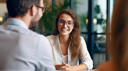 Happy, enthusiastic millennial man intern hired on regular basis by worldwide company, Generative AIの素材