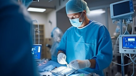 monitoring the body's critical processes while performing heart surgery. Generative AI surgeon seeing a medical monitor while operatingの素材