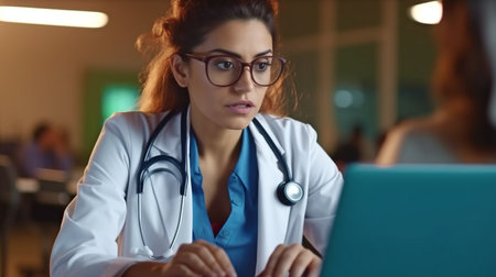 a focused young female doctor pondering about problem-solving concepts and generative AI while using a laptopの素材