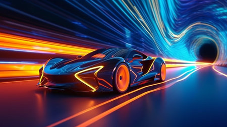 On a neon highway, a futuristic sports car. Generative AI and powerful supercar accelerationの素材