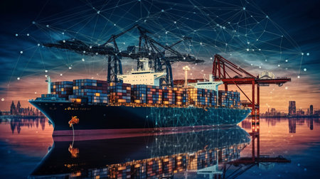 Supply chain management on a global scale, ship shipping, transportation logistics optimisation, distribution network design, demand forecasting, and Generative AIの素材