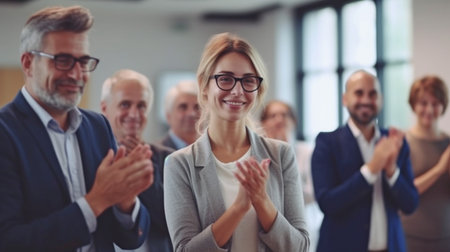 Businessmen cheering at a business conference in an office block as a businesswoman accepts an award from one of them. Generative AIの素材