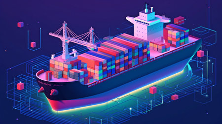 Supply chain management on a global scale, ship shipping, transportation logistics optimisation, distribution network design, demand forecasting, and Generative AIの素材