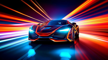 On a neon highway, a futuristic sports car. Generative AI and powerful supercar accelerationの素材
