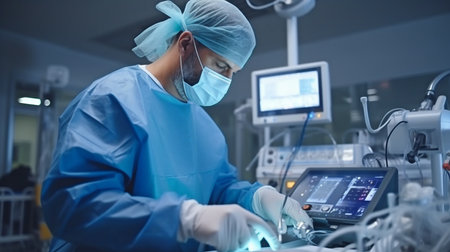 monitoring the body's critical processes while performing heart surgery. Generative AI surgeon seeing a medical monitor while operatingの素材