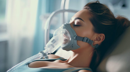 Generative AI image of a brunette patient wearing an oxygen mask in a hospitalの素材