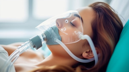 Generative AI image of a brunette patient wearing an oxygen mask in a hospitalの素材