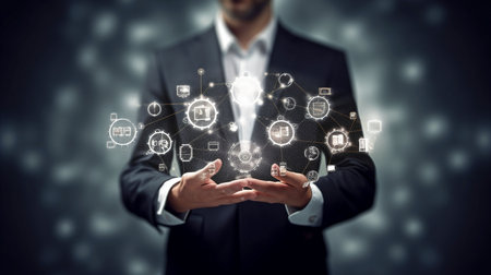 Hand of a businessman examining a Cloud Computing diagram on the new computer interface as a concept, Generative AIの素材