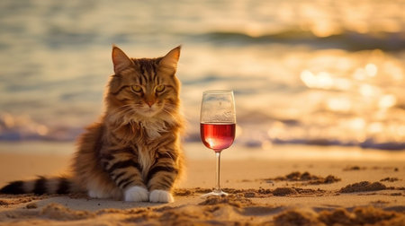 Red wine and a cat on the seashore are both examples of generative AI.の素材