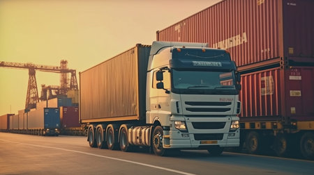 Semi-trailer trucks parked alongside stacked cargo containers. Logistics and Transportation Industry Handling, Generative AIの素材