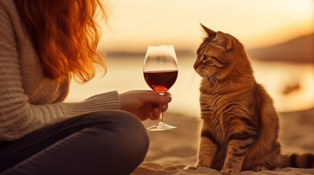 Red wine, a cat, and women on a beach are all examples of generative AI.の素材