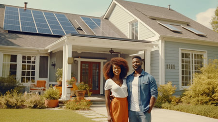 Afro American couple in front of a massive house with solar panels, Generative AIの素材