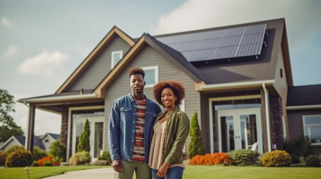 Afro American couple in front of a massive house with solar panels, Generative AIの素材