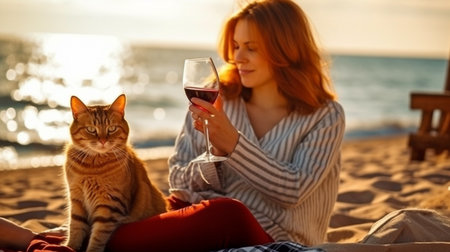 Red wine, a cat, and women on a beach are all examples of generative AI.の素材