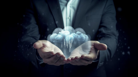 Hand of a businessman examining a Cloud Computing diagram on the new computer interface as a concept, Generative AIの素材