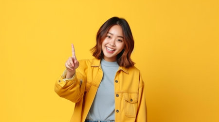 Generative AI portrait of a stunning young Asian woman with a radiant smile, holding a smartphone, and gesticulating with her hand to a blank spot.の素材