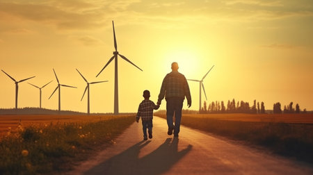 Alternative energy, a wind farm, and joyful family time. A joyful mother and son are travelling and escaping to nature. The Generative AIの素材